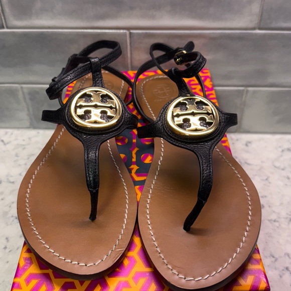 Tory Burch Shoes - Tory Burch Black & Gold Leather Sandals. Leticia flat tumbled leather. Sz 10.5